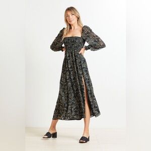 Tuckernuck OPT Classic Smocked Midi Dress Puff Sleeve Floral Slit Front Sz XS